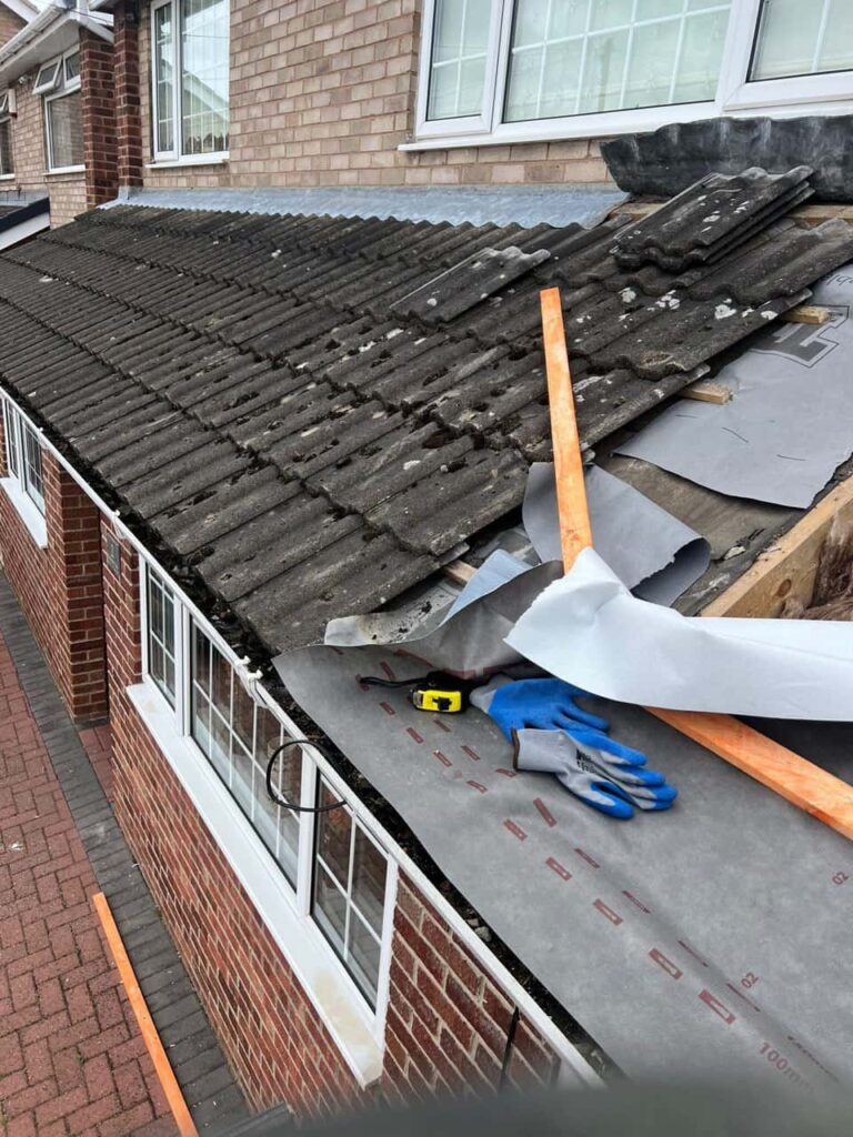This is a photo of a pitched roof which is being repaired. The existing roof was leaking badly. Works carried out by LJ Roofing Marlborough